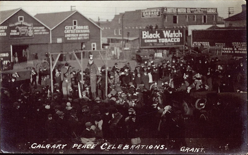 Armistice Day in Calgary, November 11, 1918. The crowd gathers in front of City Hall to celebrate the end of the war. Look closely: only a few citizens are following the "mask order" issued to stop the spread of the Spanish flu. Later in the evening, the hanging effigies of the German Kaiser and Crown Prince were burned in bonfires on the North Hill and overlooking Elbow Park. (Photo: Peel's Prairie Provinces )