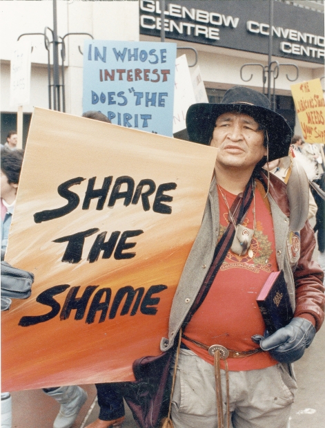 In early 1988, two years before Wagamese's novel takes place, 150 First Nations protesters gathered peacefully in front of the Glenbow Museum. They were part of the Lubicon band's move to boycott the Glenbow's Spirit Sings exhibit, part of the 1988 Winter Olympic Arts festival. (Photo: Calgary Herald)
