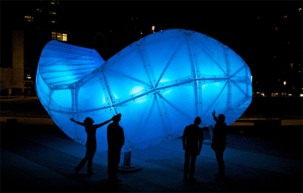 "Chinook Arc," an interactive, illuminated sculpture in the Beltline's Barb Scott Park (12th Ave & 9th St SW). Scott (no relation to Calgary author Barbara Scott) served as a city alderman from 1971 to 1995. She died in 2014, a few months before the park named in her honour was opened. Barbara Scott, the Calgary writer, is the author of a collection of short stories called The Quick . (Photo: City of Calgary )