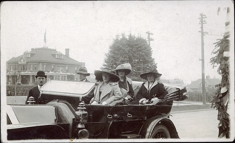 Passengers in an automobile, Calgary, Alberta, circa 1915 -- perhaps off to the Mariaggi. The Stephen Ave restaurant was a landmark in frontier Calgary, and briefly home to The Ranchmen's Club. In the background: William Roper Hull's mansion, Langmore, on 6th Street & 13th Ave West. (Photo: University of Alberta Peel's Prairie Provinces )