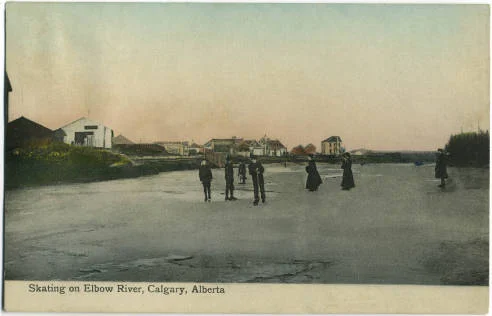Calgarians skating on the Elbow River, circa 1913. (Photo: Calgary Public Library Postcards from the Past )