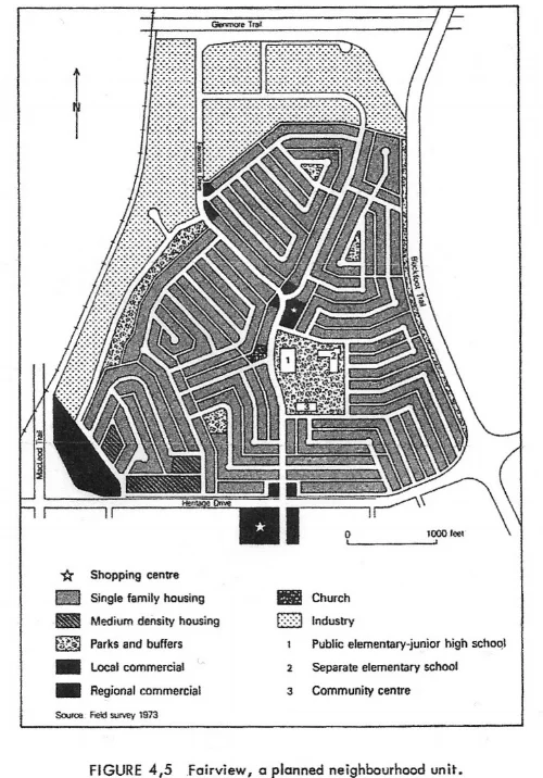 The "Crestview" neighbourhood in Mark Giles' story resembles Calgary's Fairview: a community developed in the late 1950s in keeping with the principles of the "Neighbourhood Unit Concept." According to the then-city planning director, Fairview's various features would make it a "thoroughly desirable place to live." (Image & quotation from Robert Stamp's Suburban Modern: Postwar Dreams in Calgary , 2004)