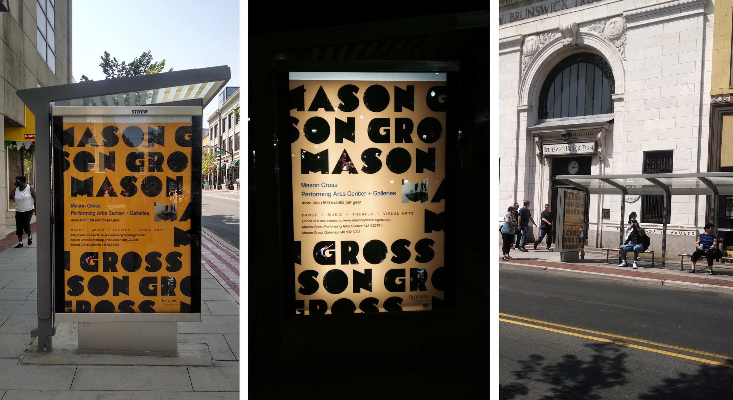 A freelance design request to create a bus stop shelter poster for Rutgers University Mason Gross School of the Arts inspired this series of related print materials.