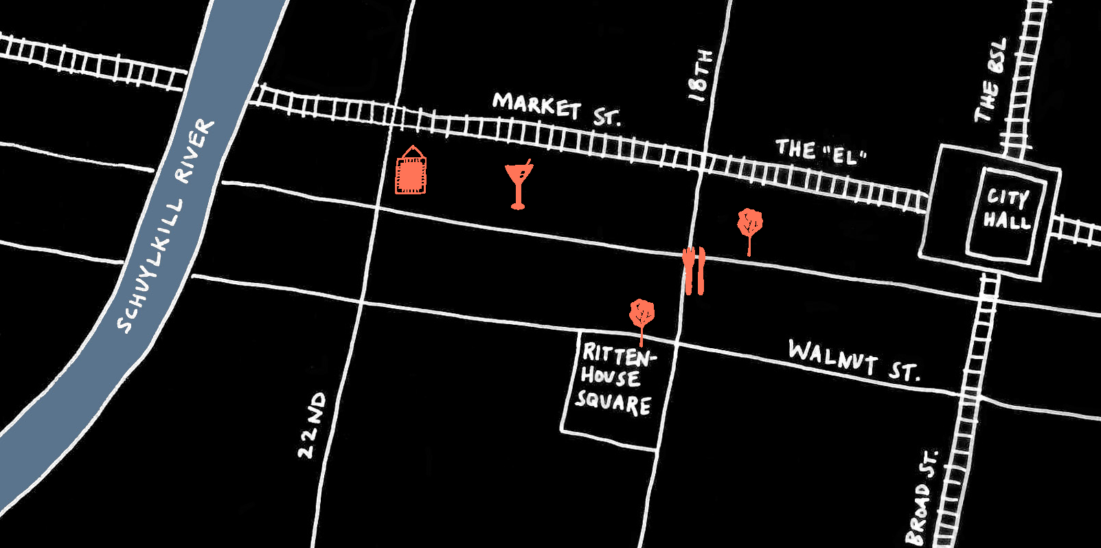  A rough map with icons depicts landmarks, the best food, and free attractions in each neighborhood. 