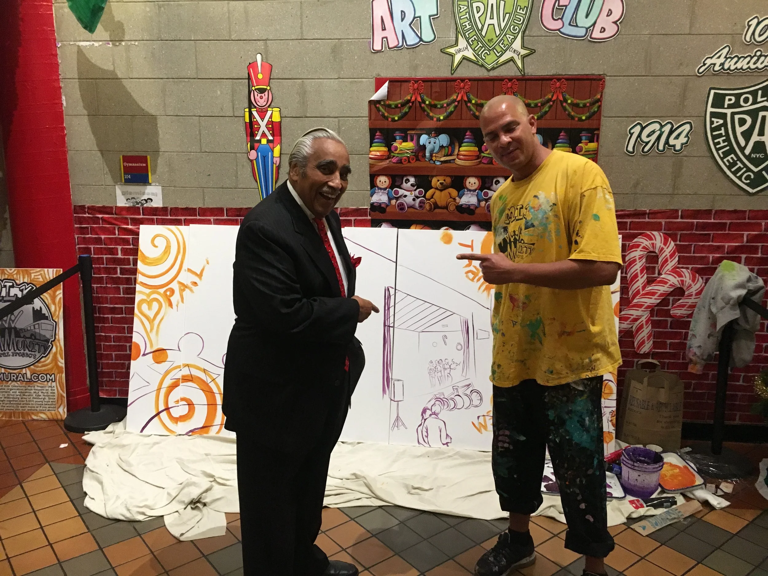Congressman Charlie Bernard Rangel from Harlem helps Artist Kyle Holbrook with the P.A.L. Mural 2016.