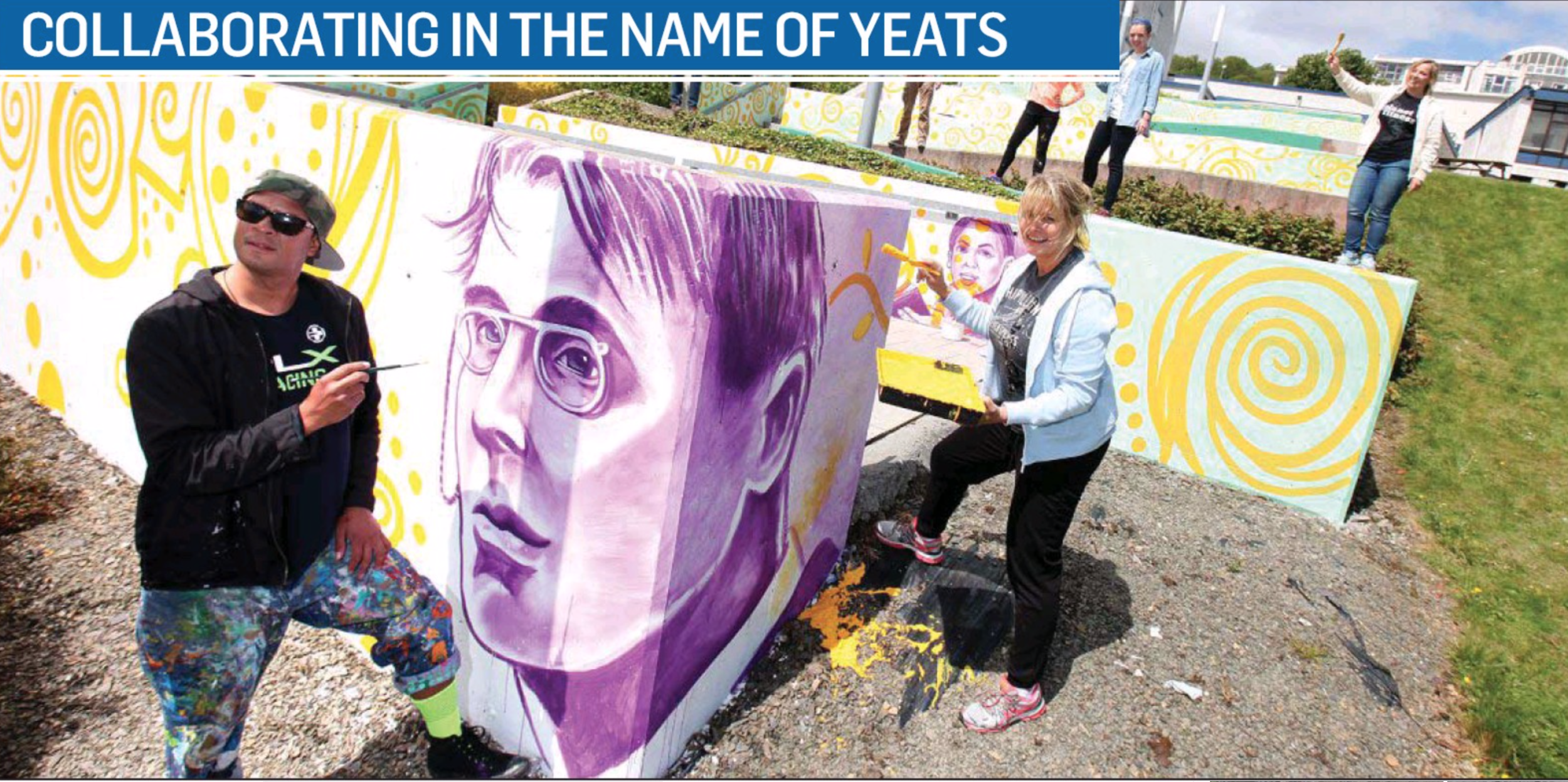 Executive Artist Kyle Holbrook, Dr. Susan O’Rourke and Magician Kevin Spencer paint a mural for the 100 year anniversary of Yeats death on Historic St. Angela’s Colledge in Sligo with students and people with Muscular dystrophy as an example of inclusion.