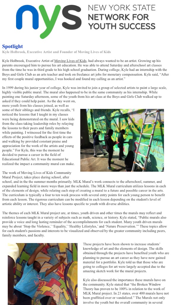 Article from New York State Network for Youth Success highlighting the PAL murals with MLK Mural project.