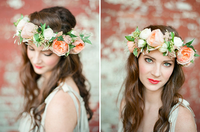 bride wearing peony floral hair crown