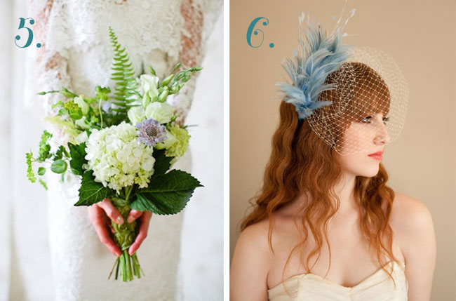 bride's bouquet and blue fascinator.