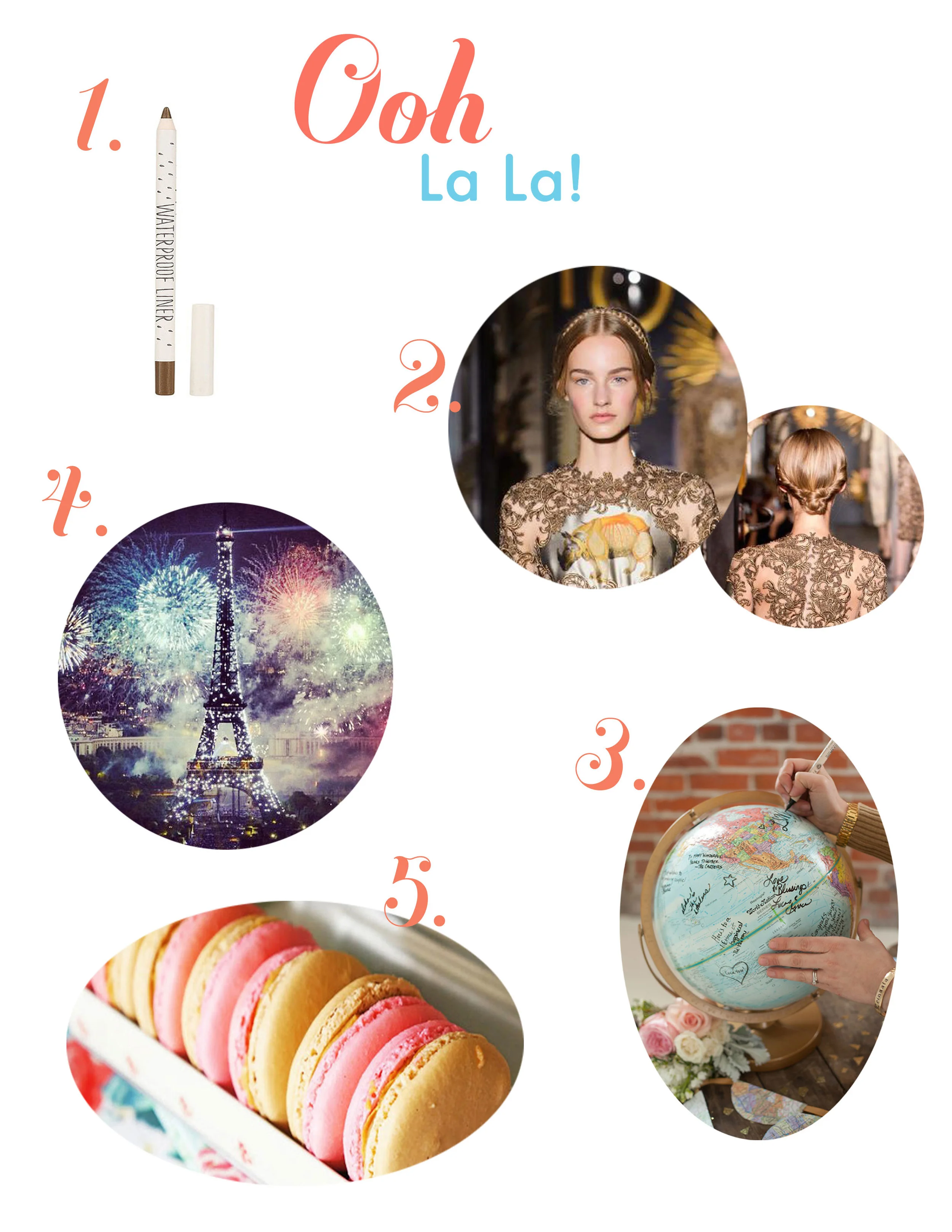 Bastille Day, waterproof mascara, macaroons, braided hair, globe wedding guest book