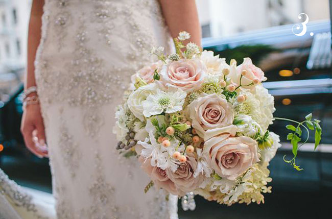 pink and green bride's bouquet garden roses