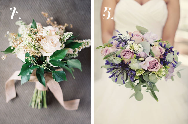 cream and green bride's bouquet with roses on left, purple bouquet on right