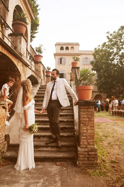 Destination wedding in Italy featuring Winifred Bean's Tulipe vintage-inspired sweetheart neckline ruched chiffon dress