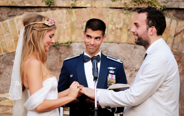  Destination wedding in Italy featuring Winifred Bean's Tulipe vintage-inspired sweetheart neckline ruched chiffon dress