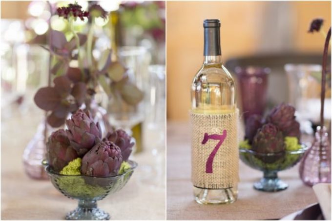 decor for a wine country napa sonoma wedding including wine bottle table numbers and merlot colored centerpieces