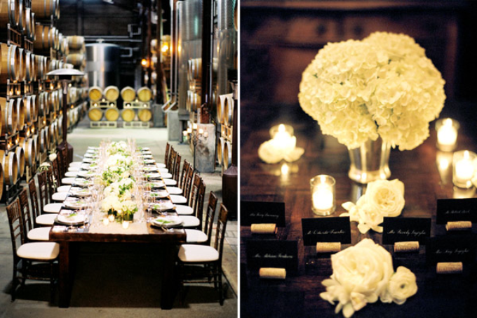 wedding reception inside wine barrel room and cork escort cards