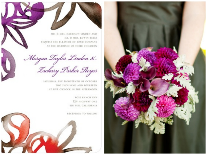 bouquet and watercolor invitations for a vineyard wine country napa or sonoma wedding. burgundy, purple and merlot color scheme