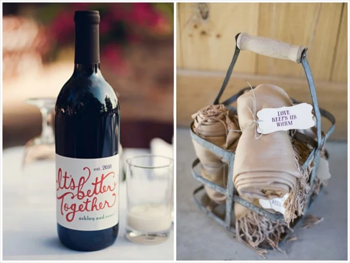pashmina guest favors for vineyard wedding and wine bottle centerpiece with phrase "it's better together"