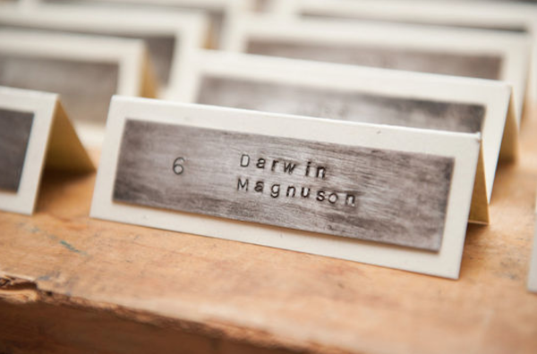 wood and metal engraved escort cards