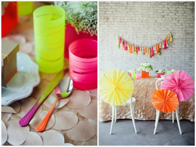 neon wedding decor including DIY paper chair poofs and neon cups and flatware
