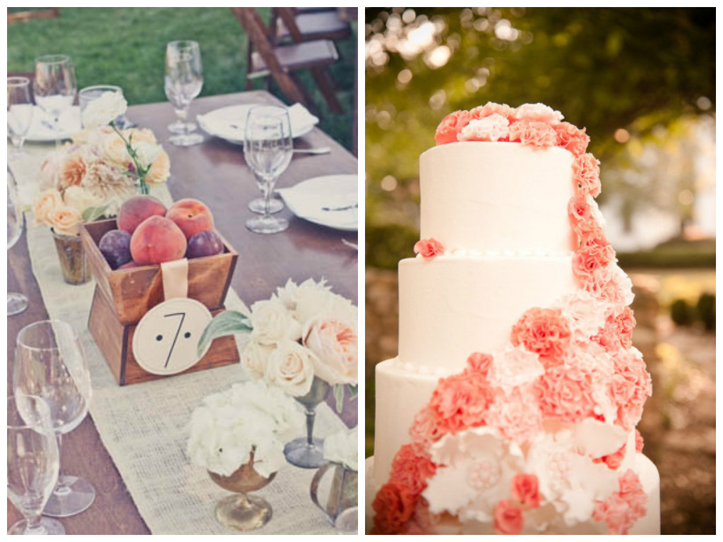 Peach, Wedding, Tables, Cake, Layers, Peaches, Centerpieces, Rustic, Outdoor