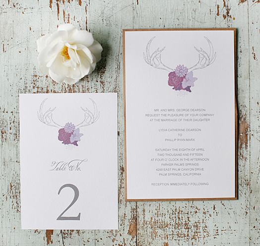 Stationery, Lavender, Purple, Antlers, Rustic, Invitations, Roses 