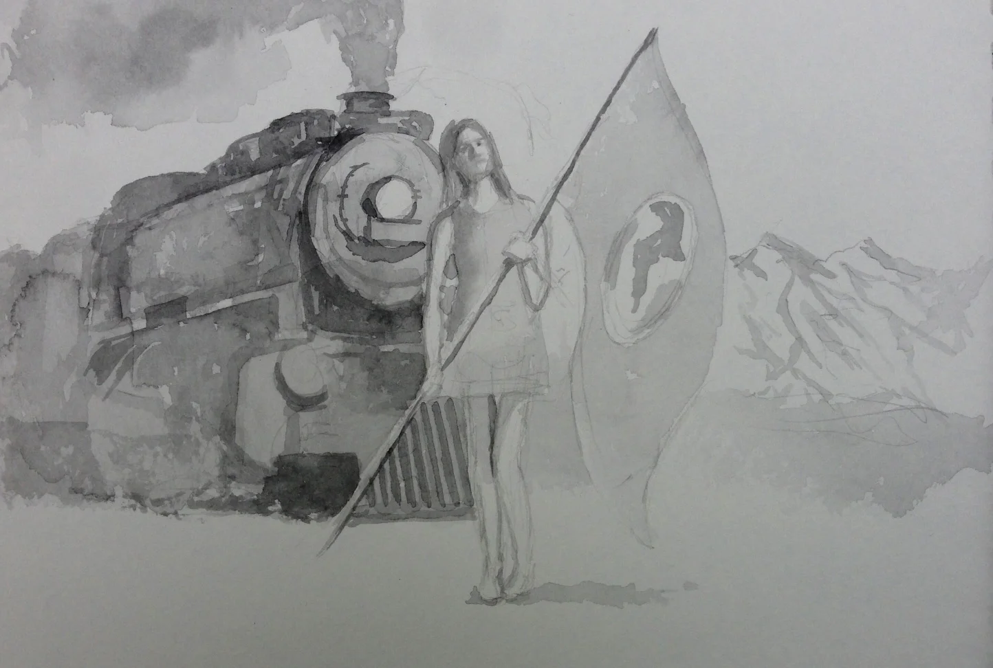 Standing Woman with World Flag, Train and Mountains in Background