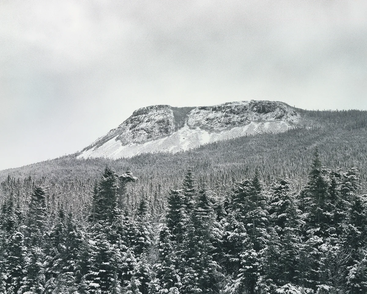 In Sublime , Adam contemplates the grandeur of the sky, ocean, and forest of his homeland in Newfoundland. As a city dweller, Adam’s experience of this expansive place is at once foreign and familiar, both about returning home and experiencing unexplored places. Sublime proved to be transformational in Adam’s work. This inaugural exploration of Newfoundland prompted further investigation of its history, leading to several bodies of work photographing resettled communities. The large scale and the focus on natural settings in these images recall 19th century Hudson River School landscape paintings. While those paintings romanticized the natural world and emphasized its formidable power over humankind, the photographs in Sublime approach nature on a less intimidating—though still majestic—scale. Newfoundland’s trademark fog is the protagonist of these photographs. Though often associated with melancholy, here the atmosphere is almost playful: clouds echo the shapes of rock formations, fog obscures the horizon line, and the only evidence of the elusive wind is the way the trees lean in its wake. The photographs are alive with texture: snow-laden branches, grassy hills, faceted cliffs, the rippled surface of the sea. Others are more nuanced, requiring a longer look, to see what lies beyond the fog. Adam inserts the human figure into some photographs in the series to investigate humankind’s relationship to the land. While figures in Hudson River School painting were minuscule compared to the imposing landscape, the figures in the Sublime photographs—seen from behind—fit into the landscape almost seamlessly. Even their clothing seems felicitous: the pattern of the woman’s sweater nearly aligns with the horizon; the man, with his camouflage hat, shares the palette of his surroundings.