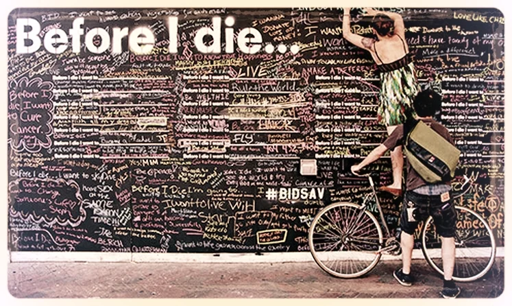 In early 2011, artist, designer, and TED Fellow Candy Change covered an abandoned house in her New Orleans neighborhood in chalkboard paint and stenciled on it a grid of the deceptively simple unfinished sentence "Before I die I want to ..." which any passerby could complete with a piece of chalk and a personal aspiration. 