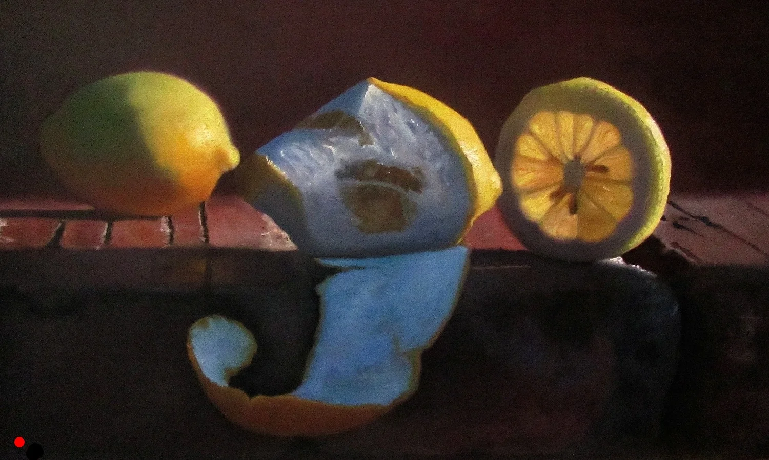   Lemons on Brick Wall  oil on wood panel 12 x 22   
