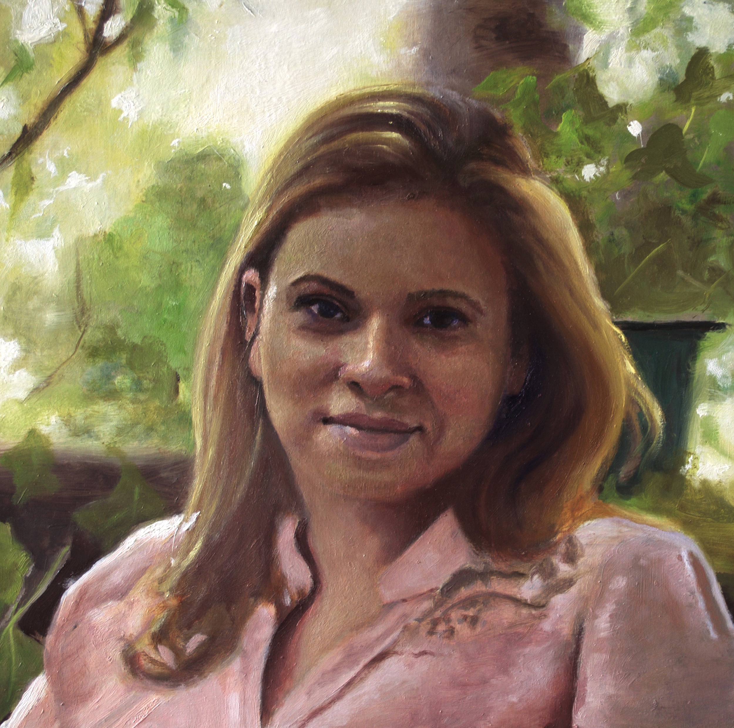  portrait of young lady in garden  12x12 oil on Aluminum 