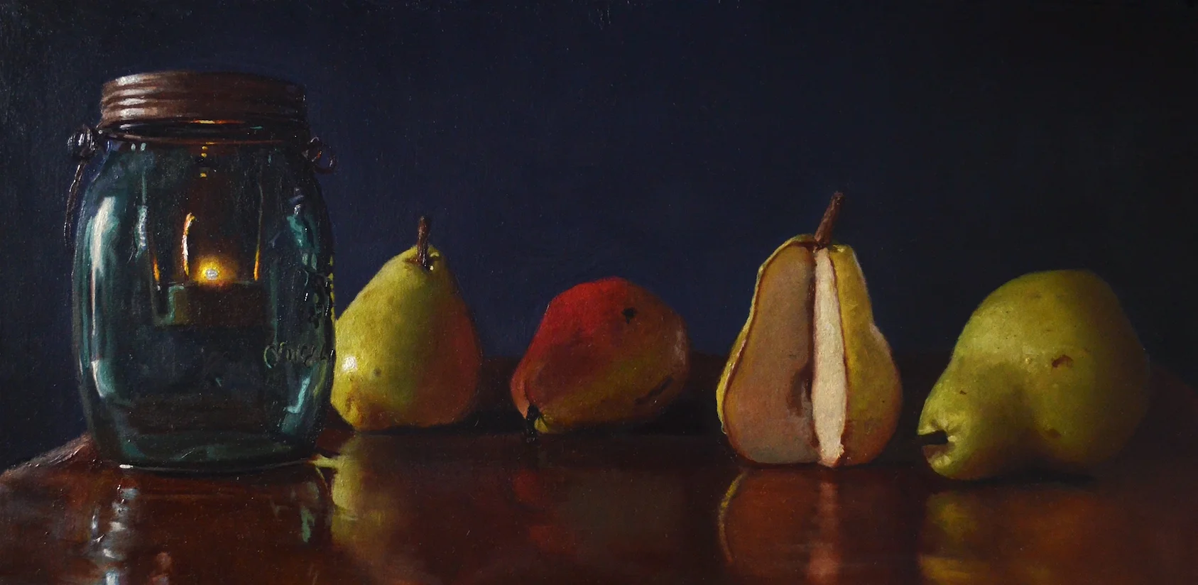 Candlelight in Jar with pears.