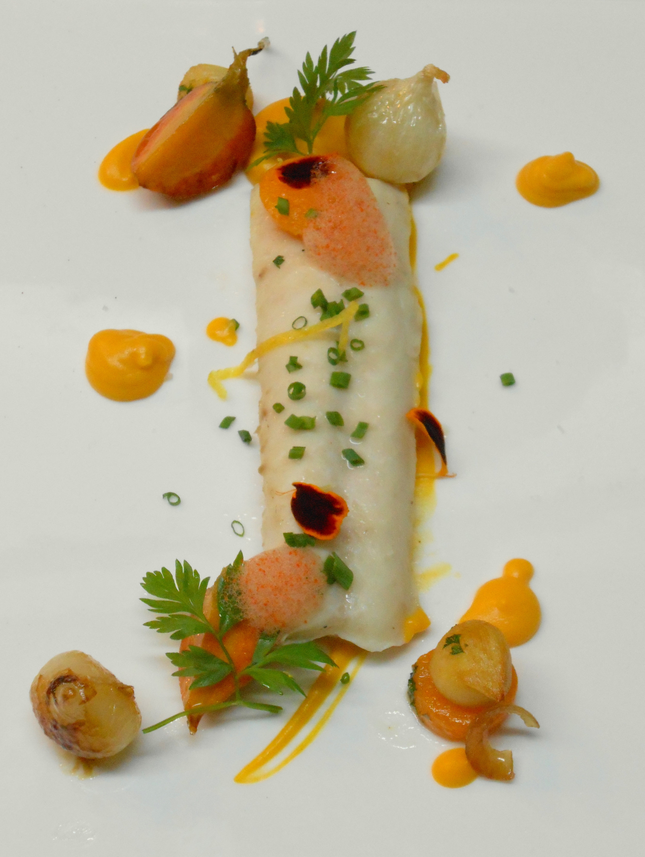 First course: Dogfish, with carrot puree, parsnip, onion confit, and butternut squash.