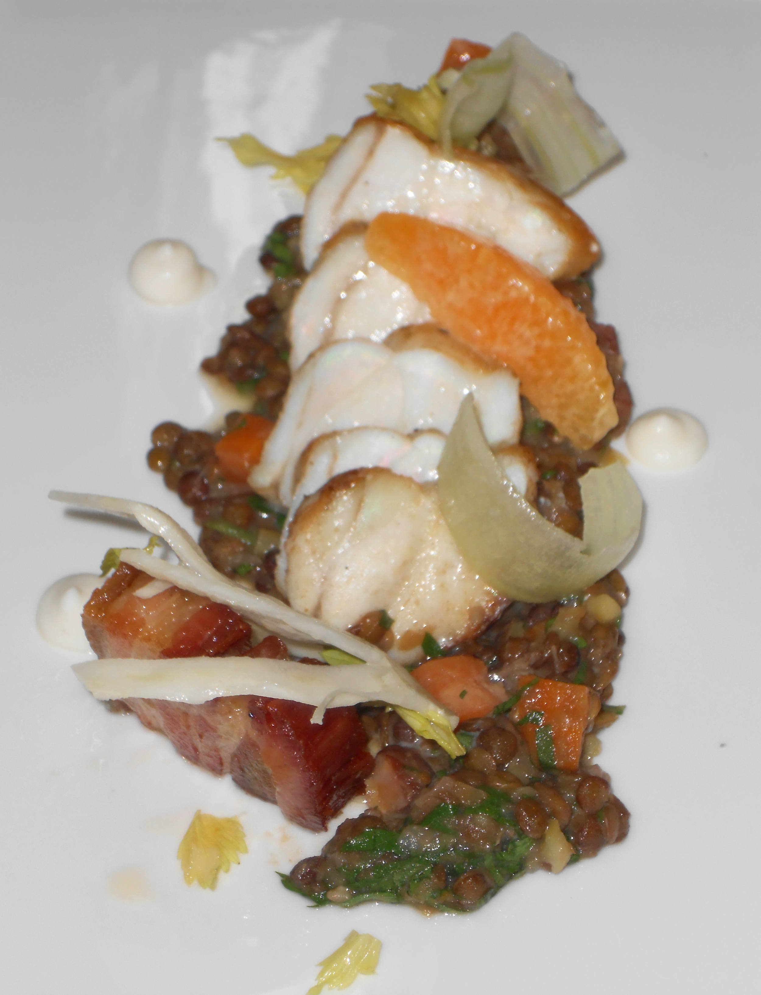 Monkfish loin with lentils du puy, pork belly, sunchoke, petite carrot, cara cara orange, and celery salad