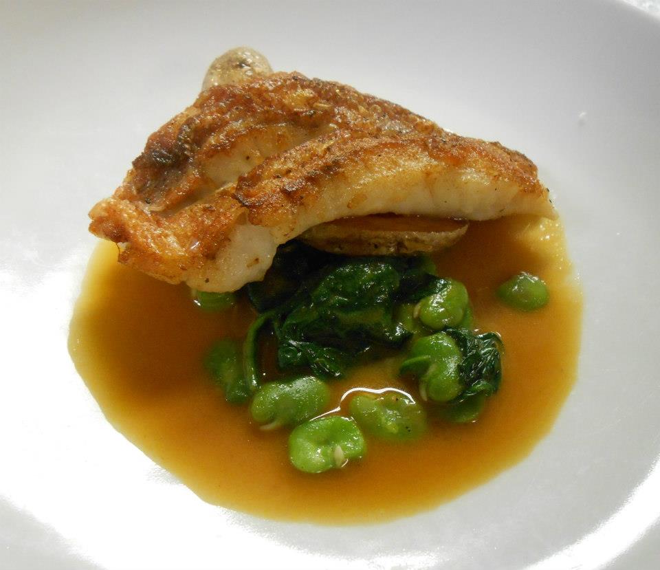 Acadian redfish with fava beans, spinach, fingerling potatoes, and shellfish tomato jus