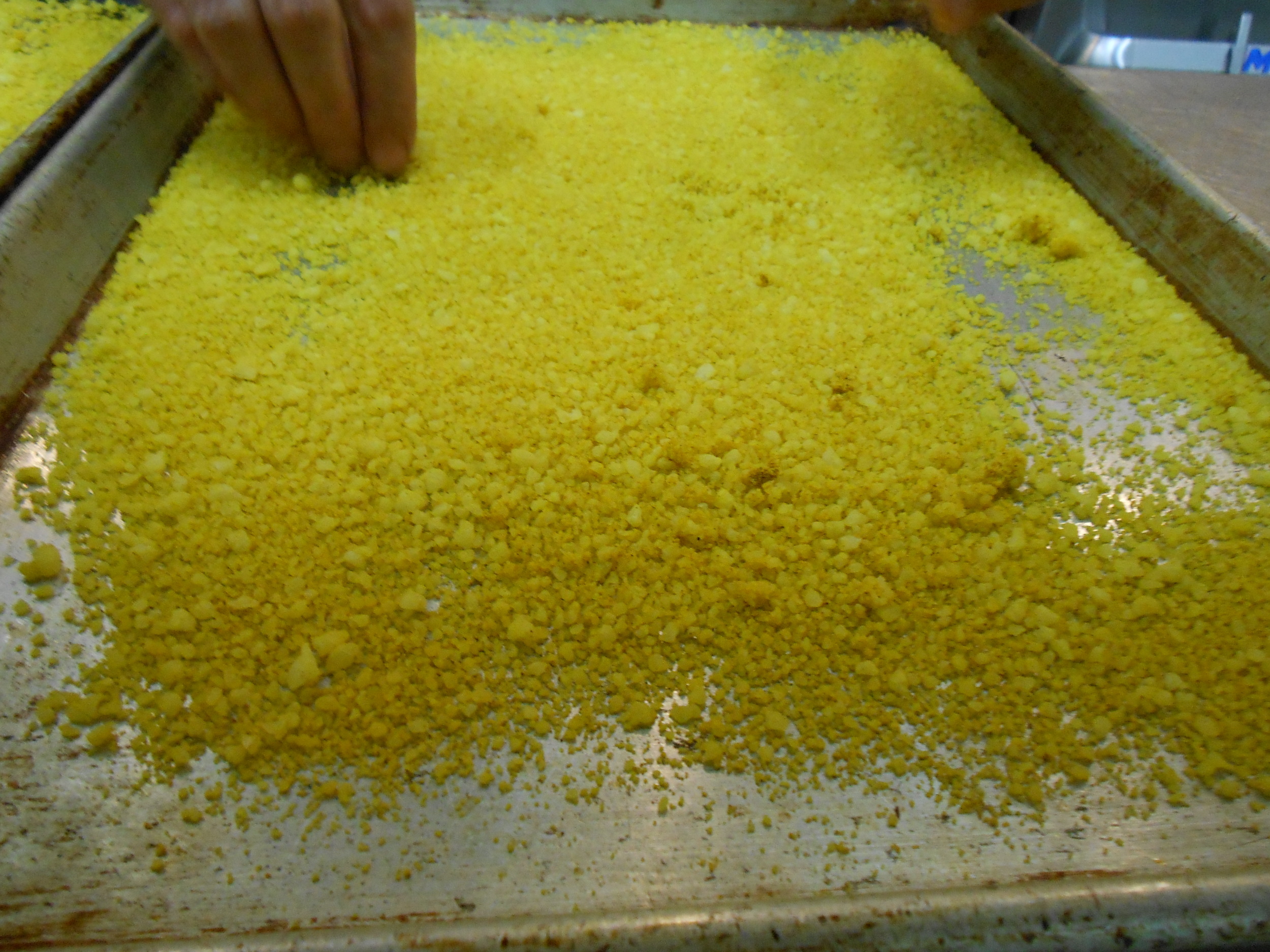 Parmesan crumbles; will be used as coating on the pollock