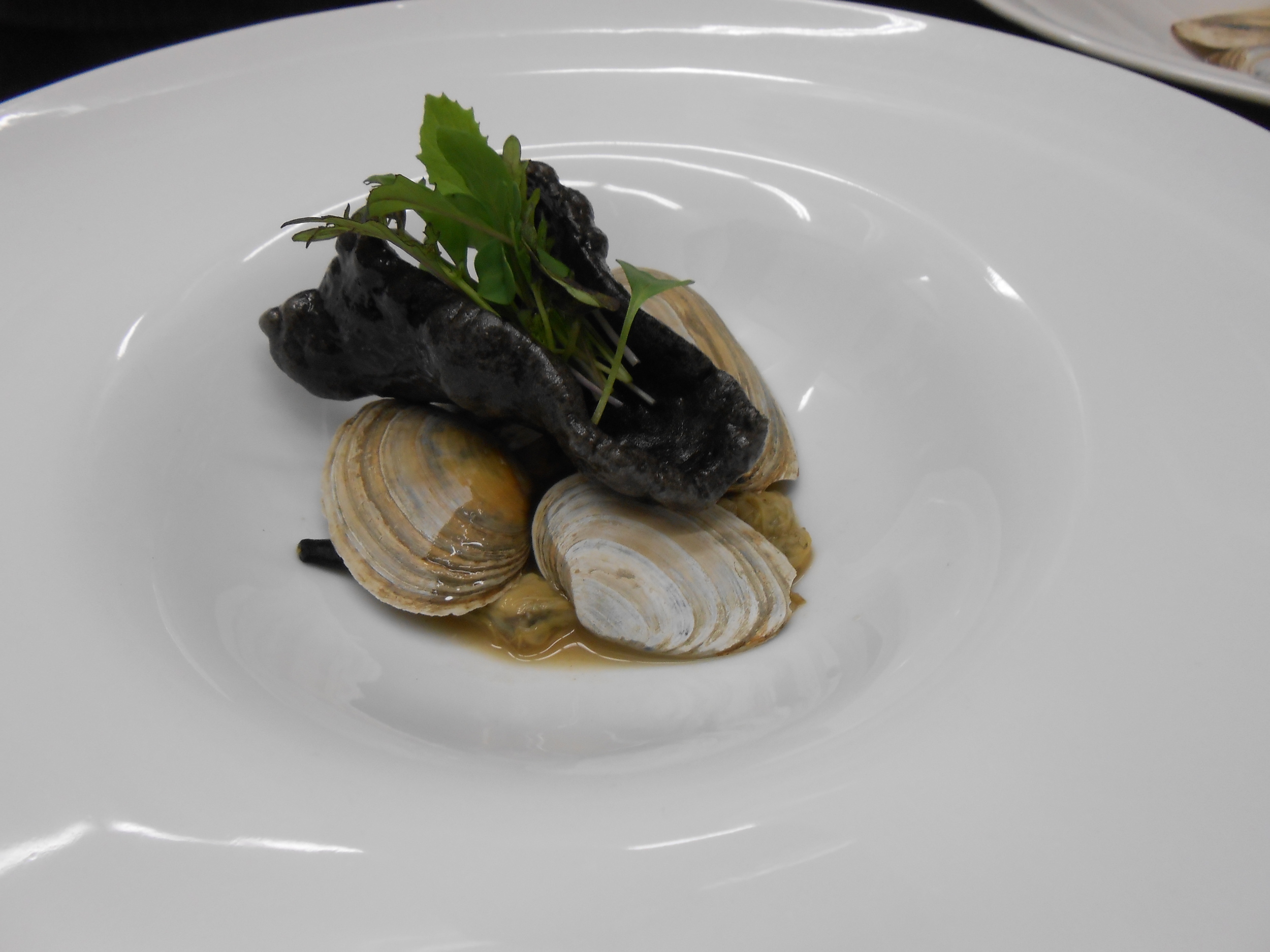 Second course: Steamers with Sake, Ginger, Soy Sauce, Prawn Crackers, Herbs, and Blossoms