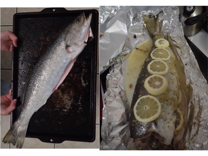 Fresh whole weakfish (left), steamed weakfish with lemon and garlic (right)