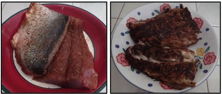Bluefish with blackening seasoning (left), Blackened bluefish (right)