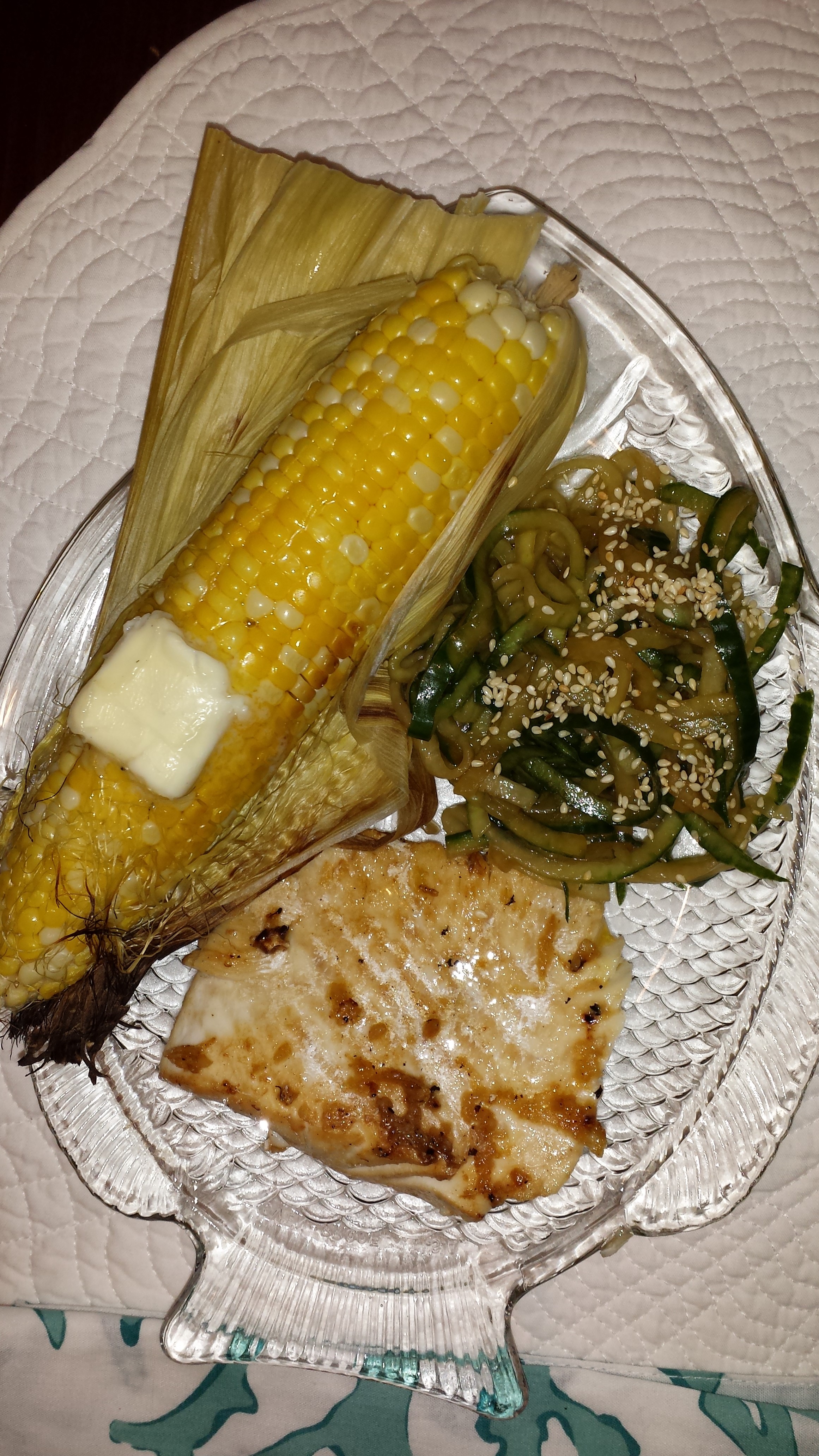 Grilled halibut w/sesame cucumber salad and corn on the cob
