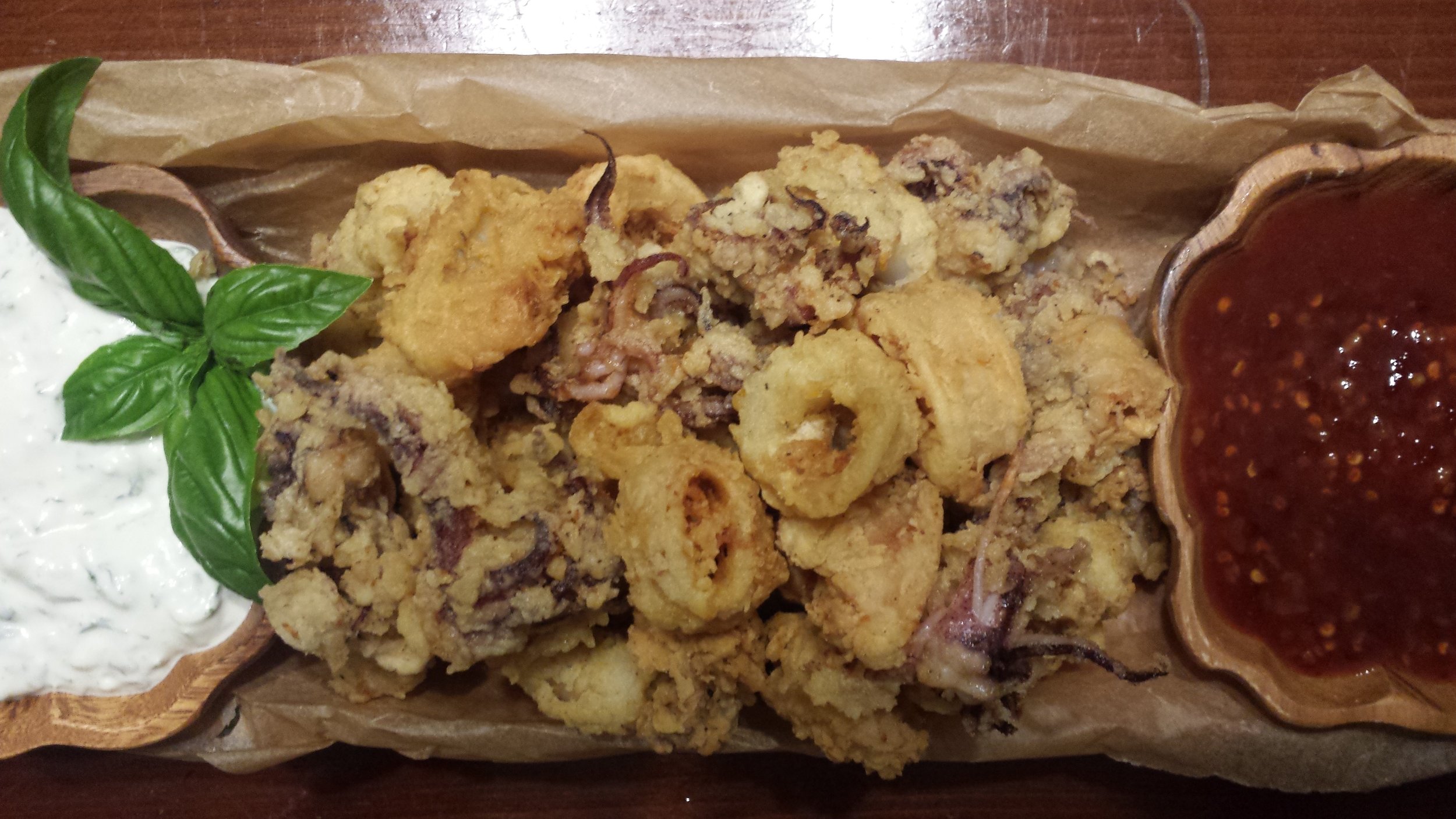 Calamari w/Lemon-Basil Sauce and Sweet Chili Ginger Sriracha Sauce