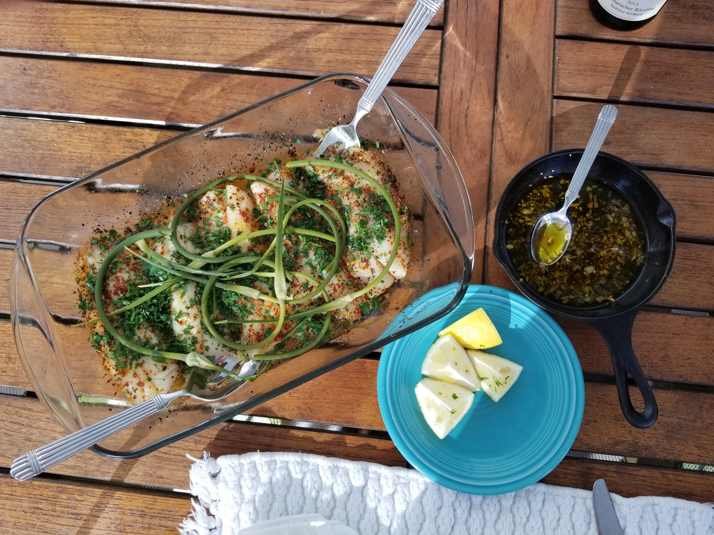 Mahi Mahi with Lemon, Parsley, Garlic scapes and garlic oil