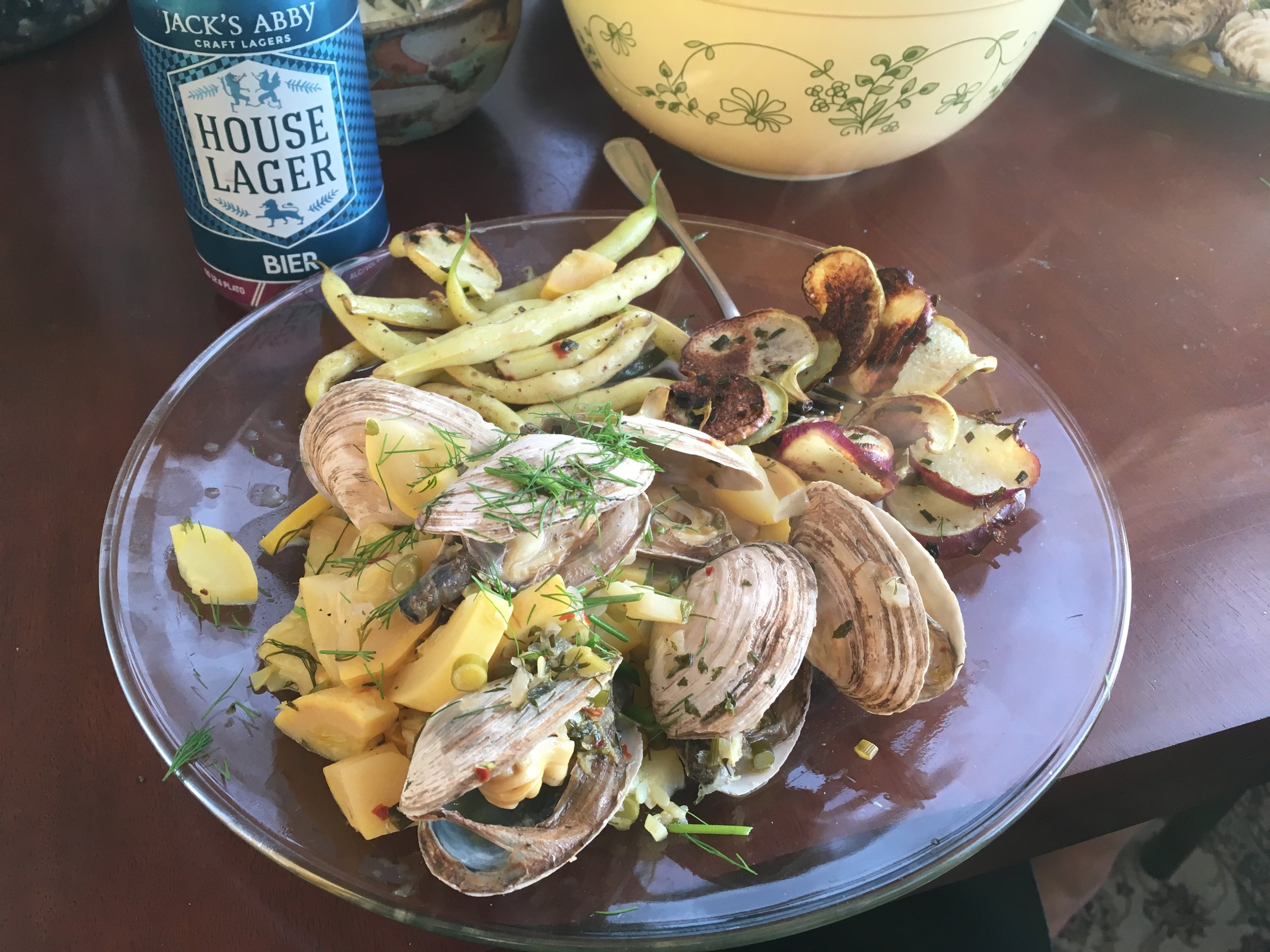 Soft shell clam with summer squash, string beans, and kohlrabi