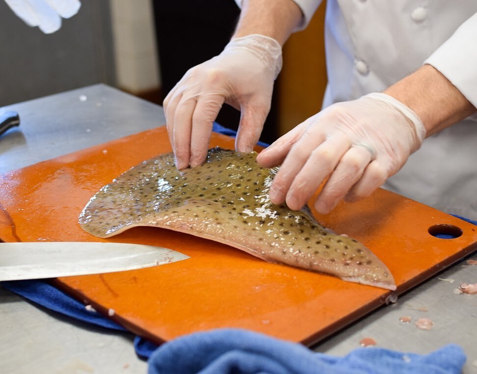 Our next Cook a Fish, Give a Fish class will feature skate!
Celebrated on menus in some of the best restaurants
in the country and in Europe, skate is sold to consumers as a high-end French-inspired delicacy. Yet simultaneously, skate has the reputat