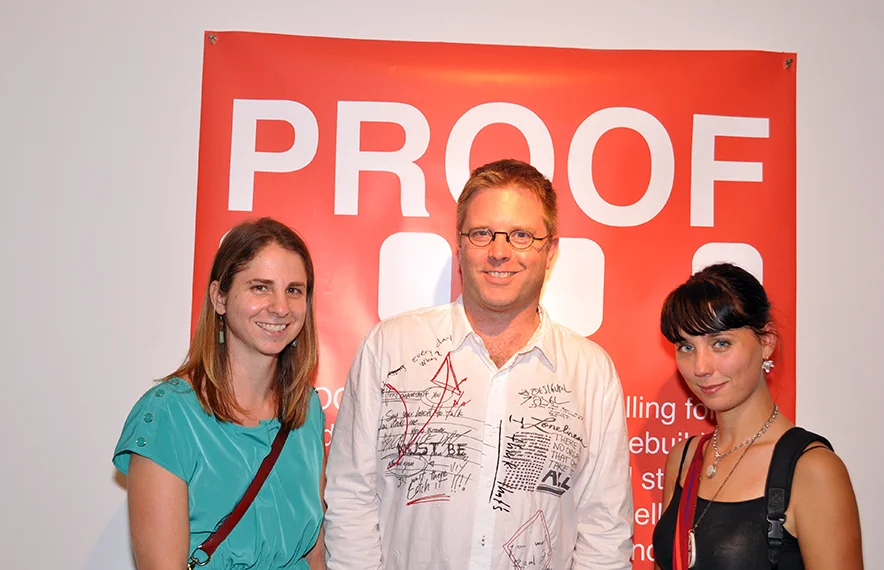 Photo: Opening night at PROOF's
Emerging Photographer's Award Exhibitions. Pictured are (from right to
left) winner Allyse Pulliam, and Honourable mention finalists Matthieu
Zellweger (center) and Michelle Gerster.
Photo: Juliana Echavirra.