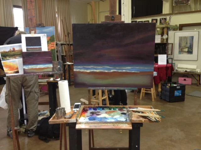 Part of teaching is understanding what style each student is trying to achieve and help them get there. Allison loves abstract landscapes and loose brushwork. She had done a small painting in the past (shown on left) and wanted to blow it up in size. 