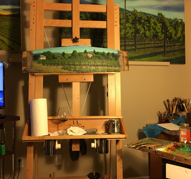 Each painting takes a lot of planning and layers of paint. I often combine multiple images to create dynamic panoramic views. These paintings are based off of real places, but I often have to change the setting a bit to fit the format of my painting. I like the freedom I have to make these changes. I am more interested in recreating the beauty of wine country than representing a specific place.