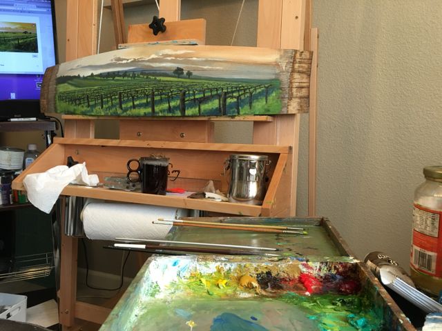 I've dabbled in painting vineyards since moving out to CA. Wine country is vast and beautiful. I like to work from numerous photo images, plein air studies, and sketches to create panoramic landscape paintings.