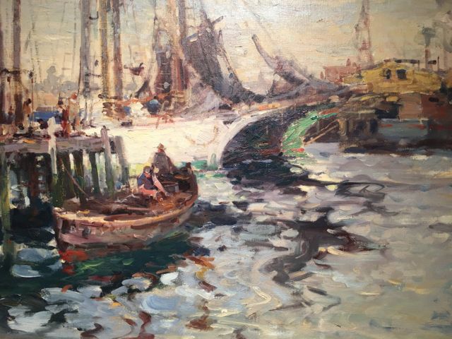 Harbor, Harry Aiken Vincent, circa 1920s, This artist was part of an art colony in Massachusetts. This is a common subject matter for Vincent who would paint numerous scenes along the New England Coastline. I was drawn to this painting because of the vivid colors and movement in the water. The sense of light and shadow in this painting is so strong. I feel as though I can hear the seagulls squawking, smell fish in the air, and hear waves lapping up against the wooden planks of the dock.