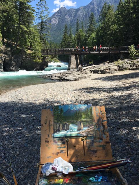 I'm all set up along the Flathead River. It was probably the most comfortable place to paint in the park. We had shade, river breeze, and we were off the road.